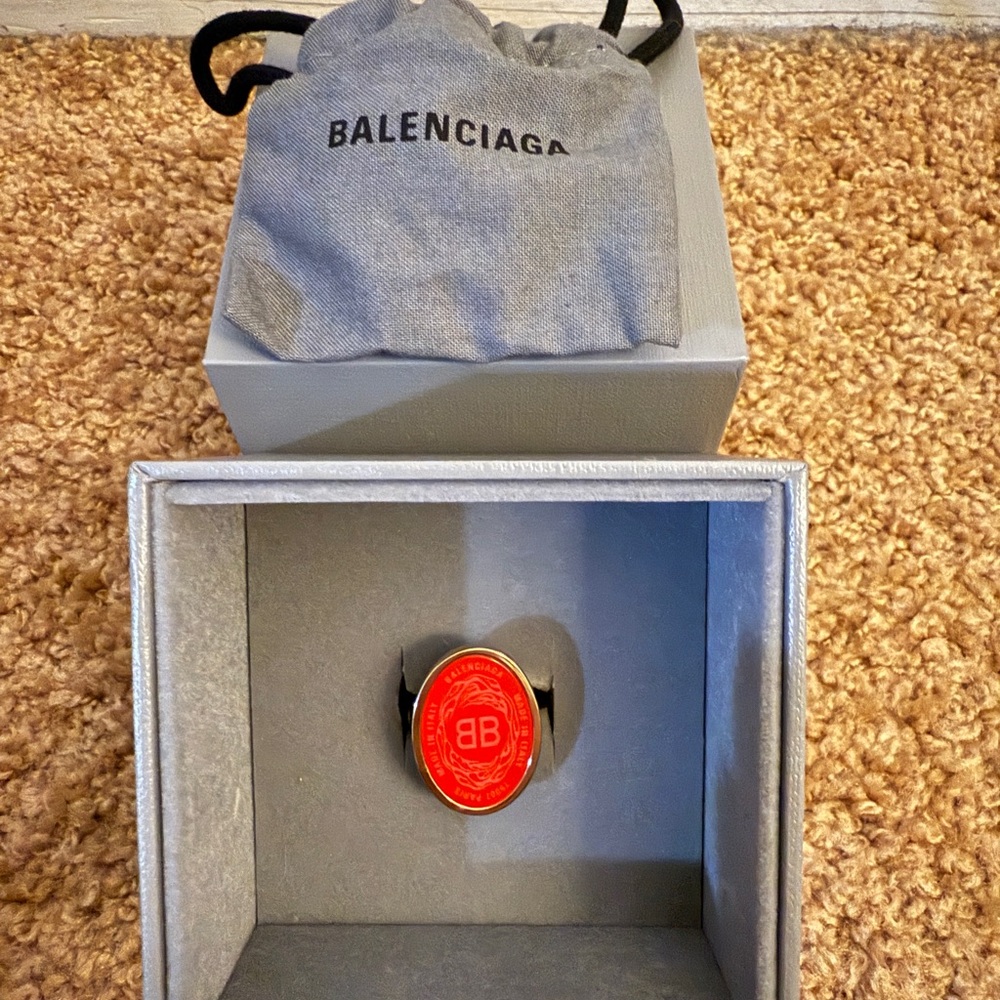 Balenciaga Gold Red Oval Chevaliere Signet Ring BB